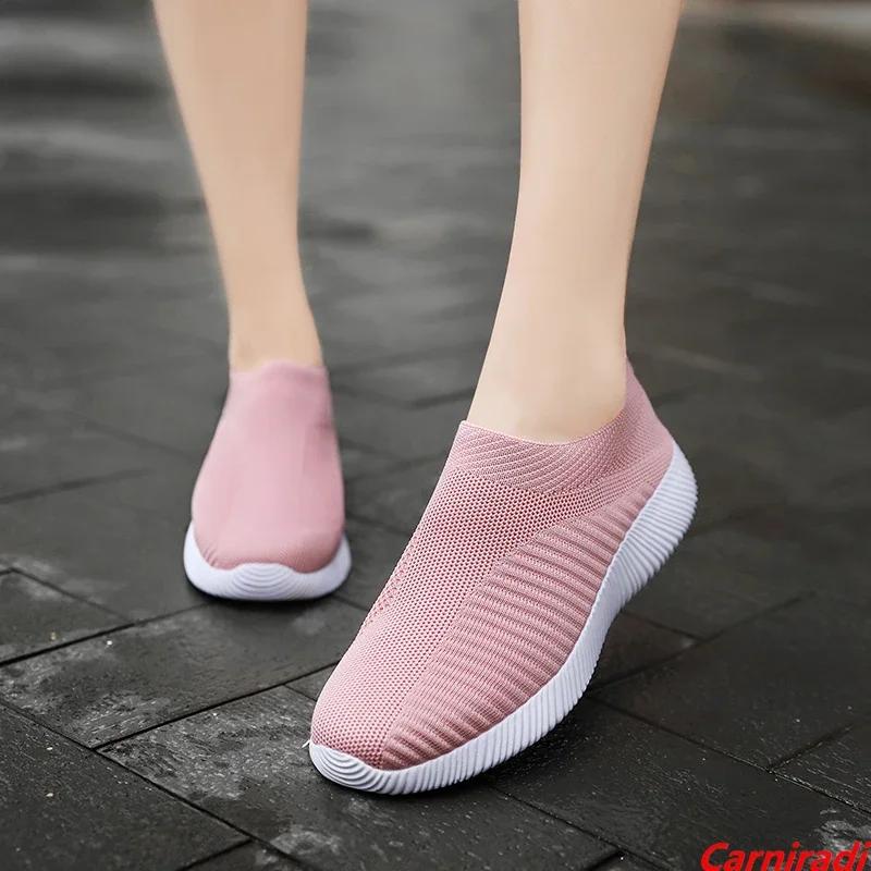 Summer Fashion Lightweight Sock Casual Shoes Women Breathable Flying Weave Baskets Sneakers Ladies Slip-on Non-slip Jogging Shoe