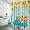 Rustic Sunflower Truck Shower Curtain Yellow Floral Butterfly Teal Wooden Board Antique Car Flower Farmhouse Vintage Country Retro Fabric Bathroom