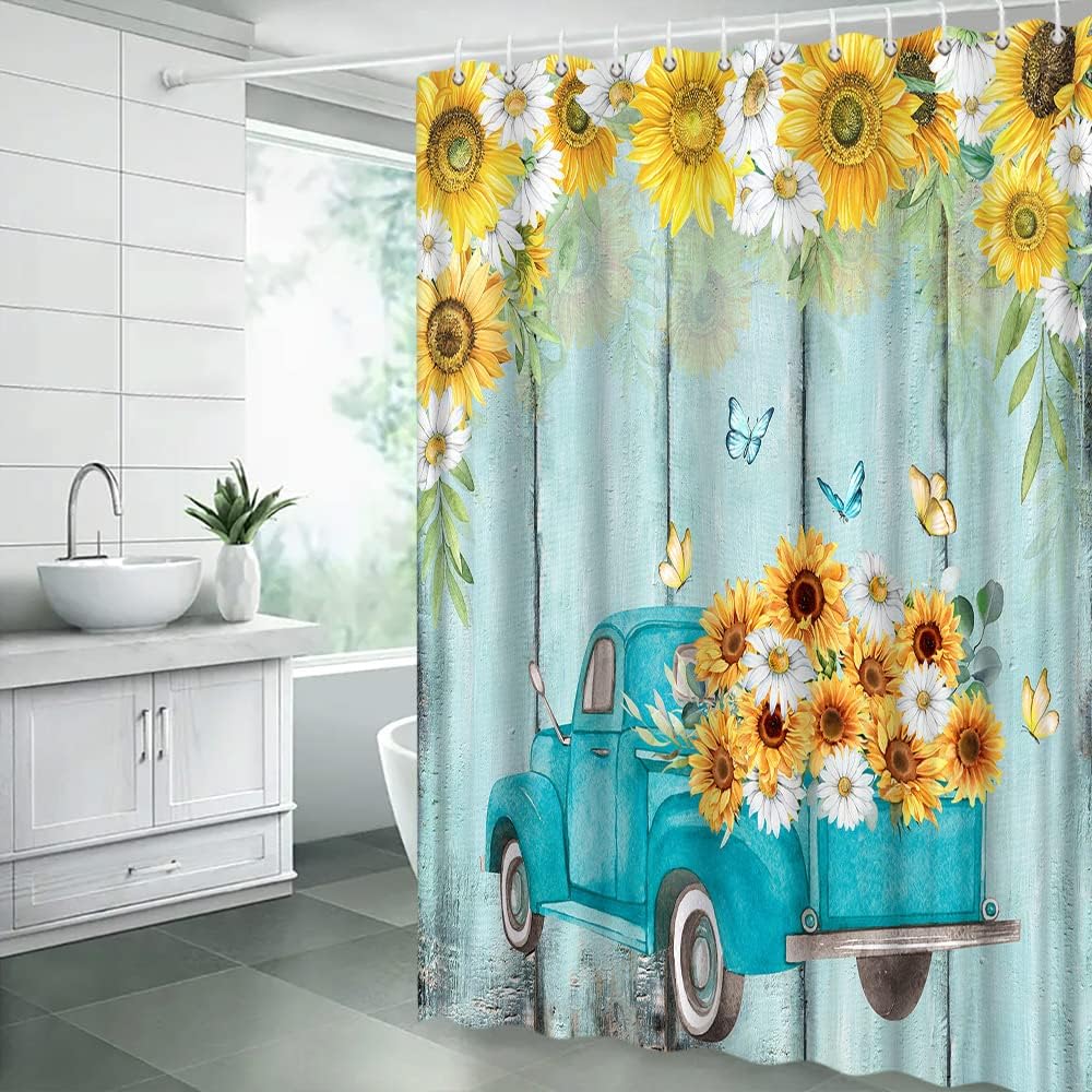 Rustic Sunflower Truck Shower Curtain Yellow Floral Butterfly Teal Wooden Board Antique Car Flower Farmhouse Vintage Country Retro Fabric Bathroom