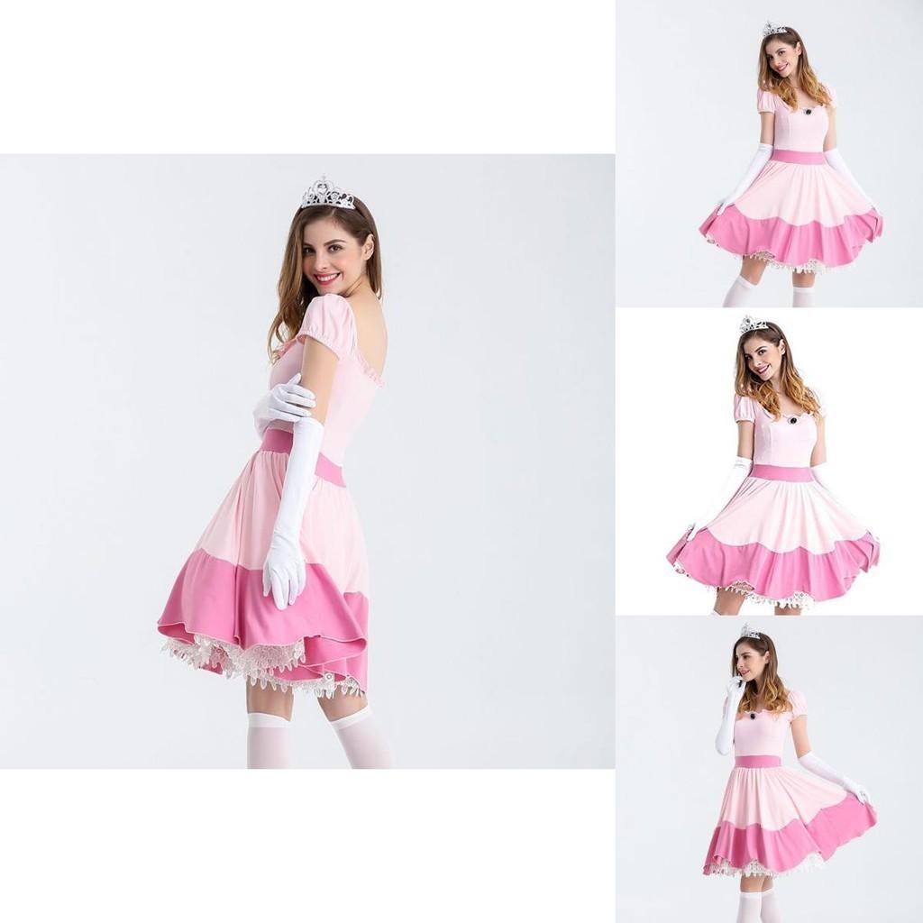 Elegant Super Mario Pink Princess Peach Costume Dress With Crown And Gloves Set