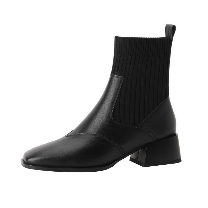 Popular Knitted Thin Socks Boots Retro Square Head Thick Heel Medium Heel Short Boots Spring and Autumn Martin Boots Bare Boots Women