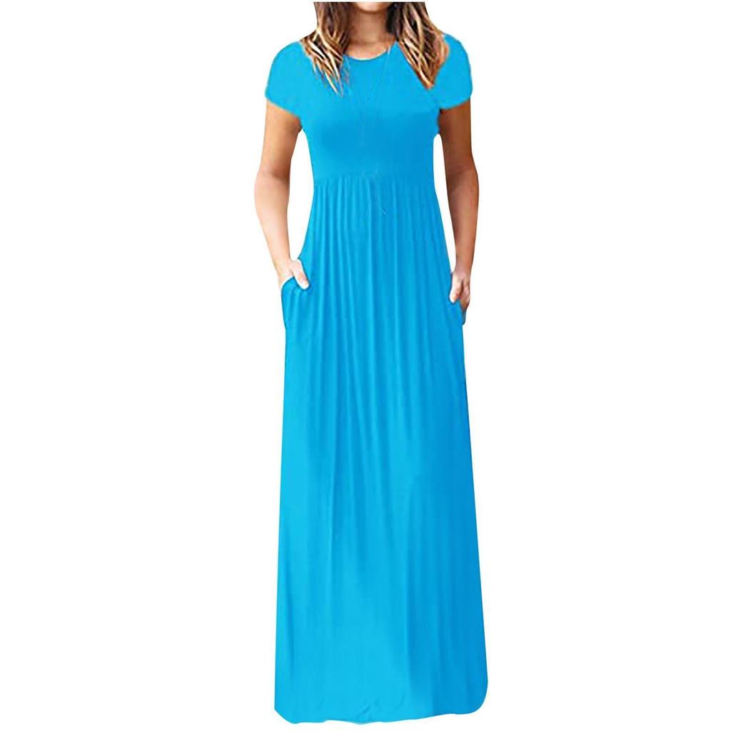 European and American Women's New Solid Color Summer Hot Selling Short Sleeved Pocket Long Dress
