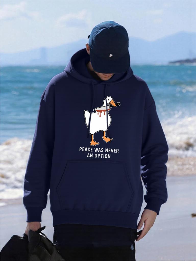 Peace Was Never An Option Duck Printing Hoody Men Hip Hop Fleece Hoodies Casual Loose Pullovers Comfortable Pocket Sportswear