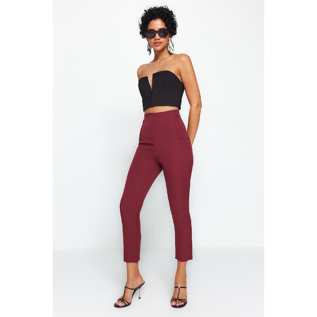 Czarne tkane spodnie w papierosowe wzory, z wysokim stanem i do kostek Twoss20pl0515