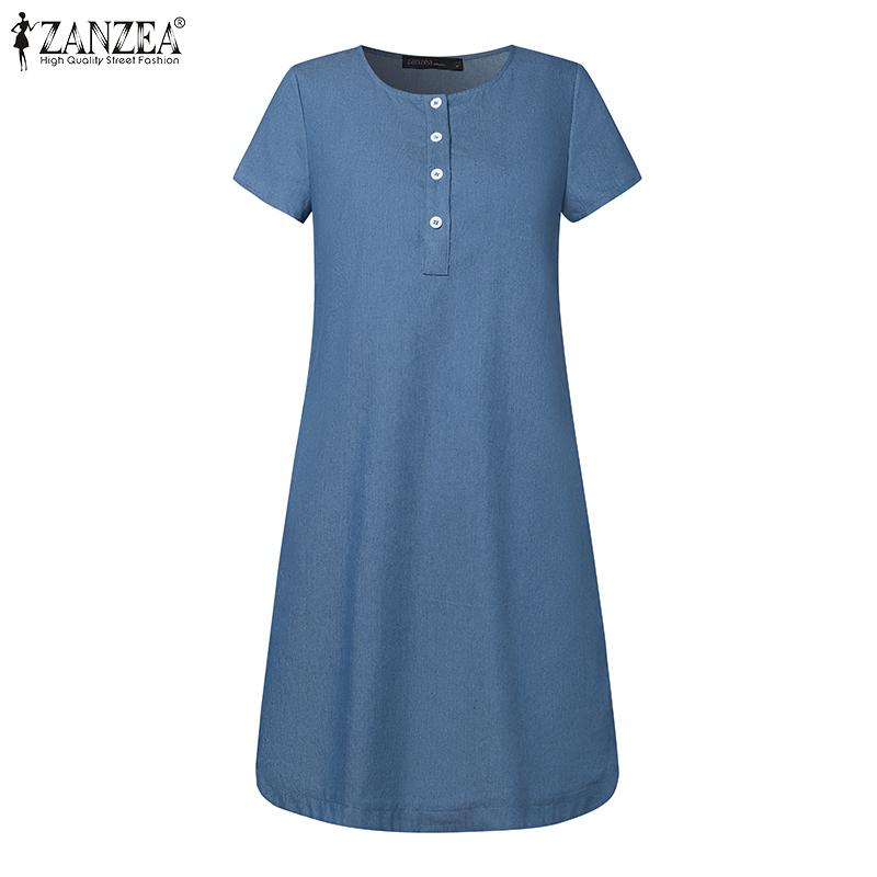 

ZANZEA Женское повседневное летнее простое платье с короткими рукавами и круглым вырезом