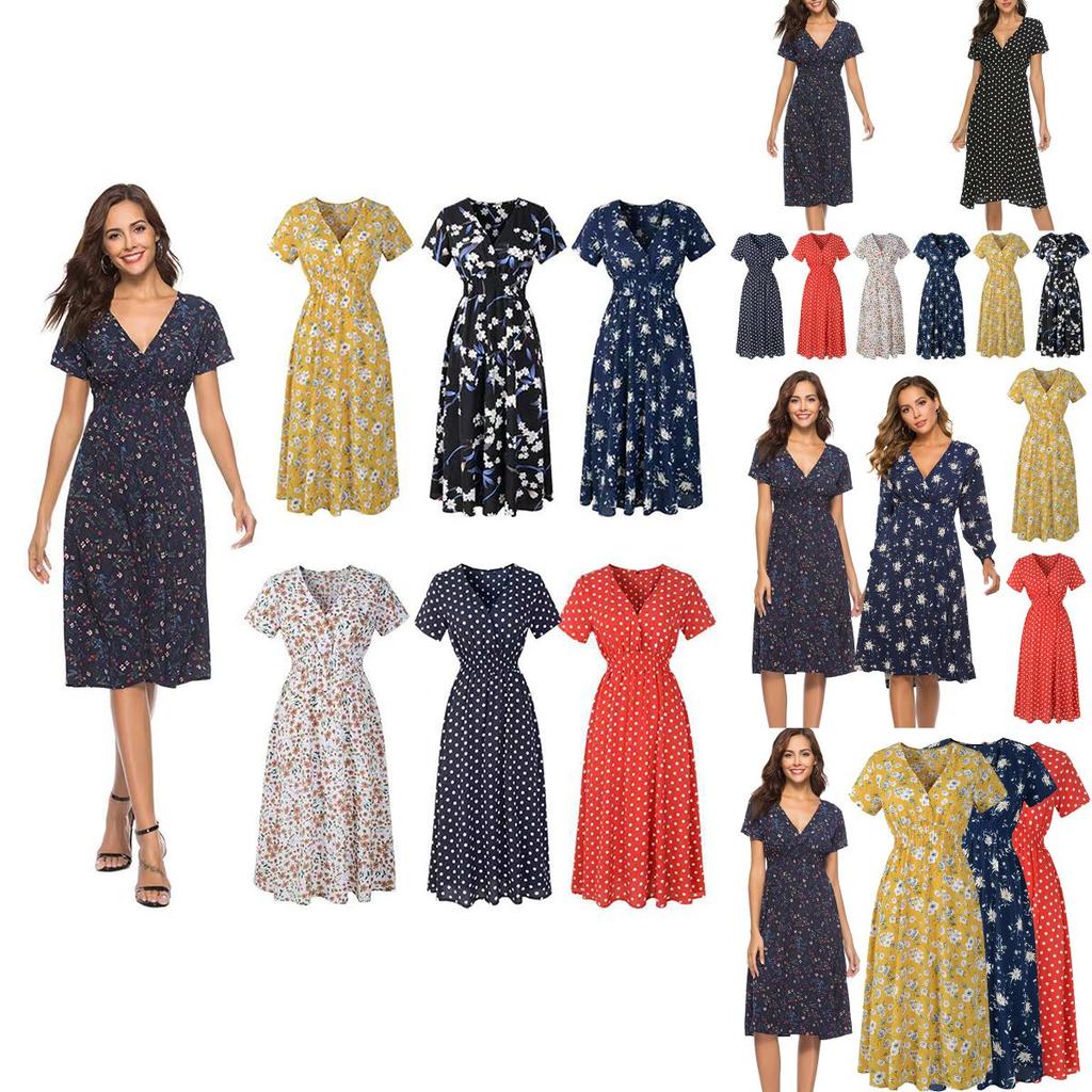 Women Neck V Boho Floral Midi Dress Short Sleeve Summer Beach Sundress Casual