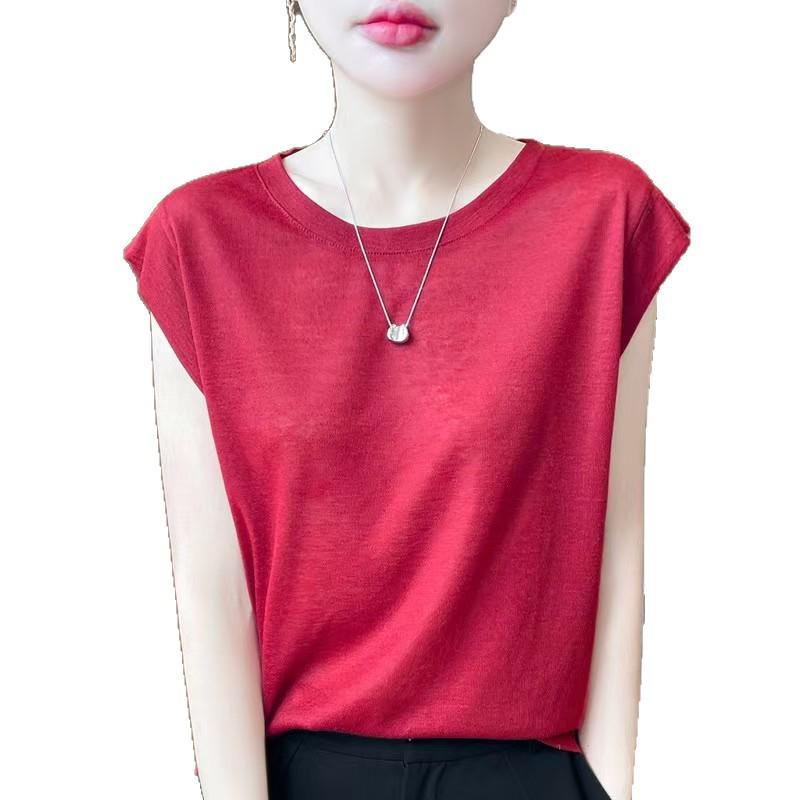 2026 Spring Women's Puff Sleeve Knit T-Shirt - Solid Color, Round Neck