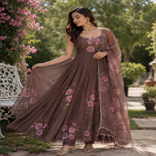 Enchanting Cocoa Bloom Georgette Anarkali Suit S