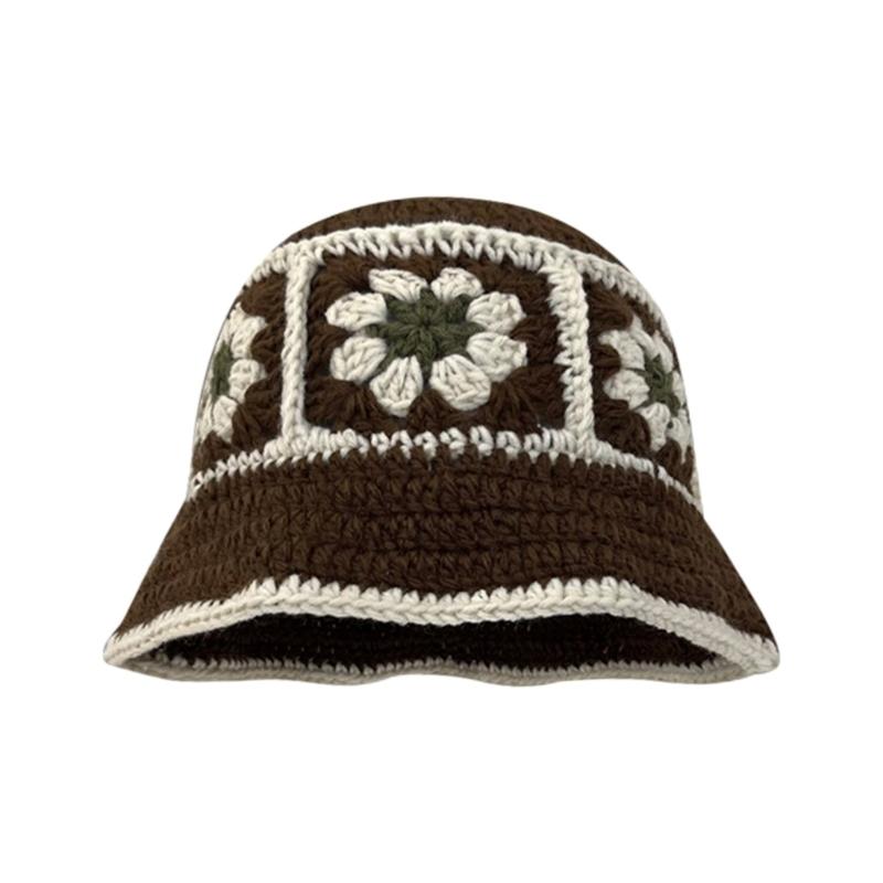 Summer Sunproof Crochet Bucket Hat Ladies Spring Commute Camping Fisherman Cap with Flower Pattern for Girlfriend