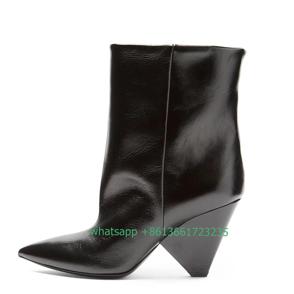 Fashion Black PU Mid Boots Spike Heels Pointed Toe Women Boots Slip On Loose Short Boots 2025 Spring Autumn Fashion Women Shoes Boots