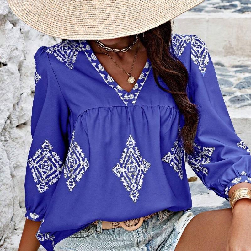 Summer New Fashion Printed V-neck Loose Blouse Women Seven Quarter Sleeve Casual Women's Shirts Tops Vintage Simple Slim Fit Female Blouses 26426