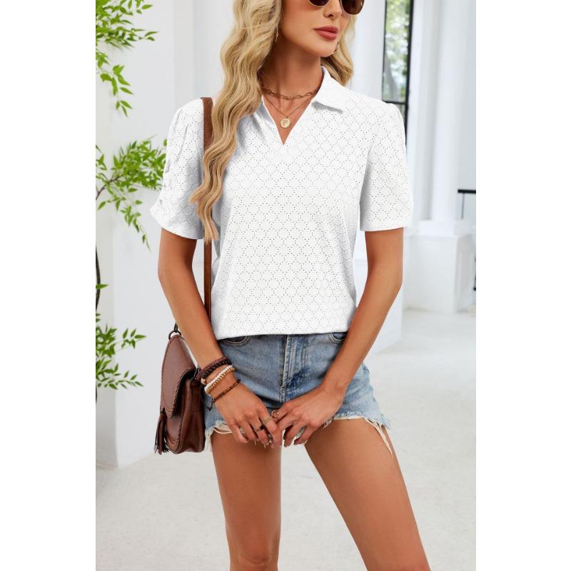 European and American cross-border foreign trade women's summer new V-neck T-shirt puff sleeve loose POLO shirt top