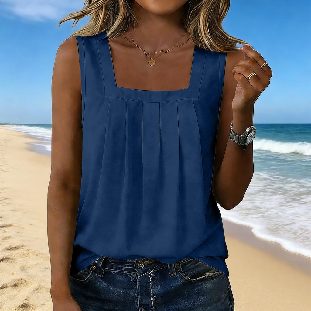 Women’s Square Neck Pleated Tank Top Sleeveless Casual Blouse Loose Fit Lightweight Pullover Shirt for Daily Wear