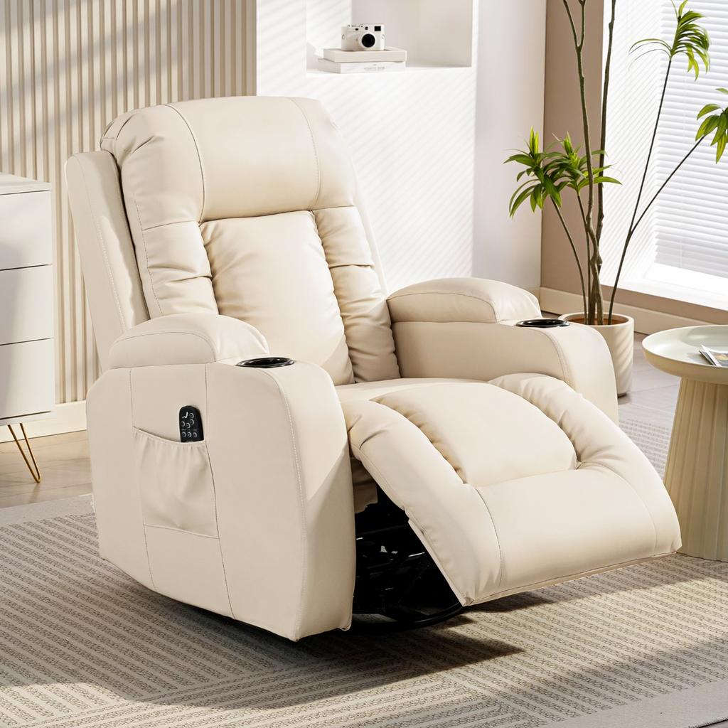Massage Chair with Rocking, Reclining & Heating Function, 3 Modes, Rotating, Cream White