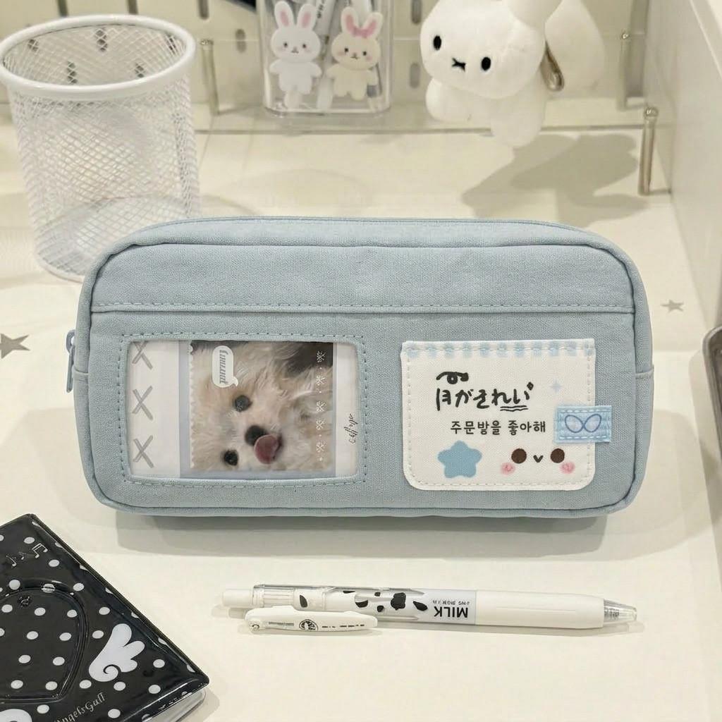 Blue White Cat Pencil Case With Canvas Material For Students And Office Use