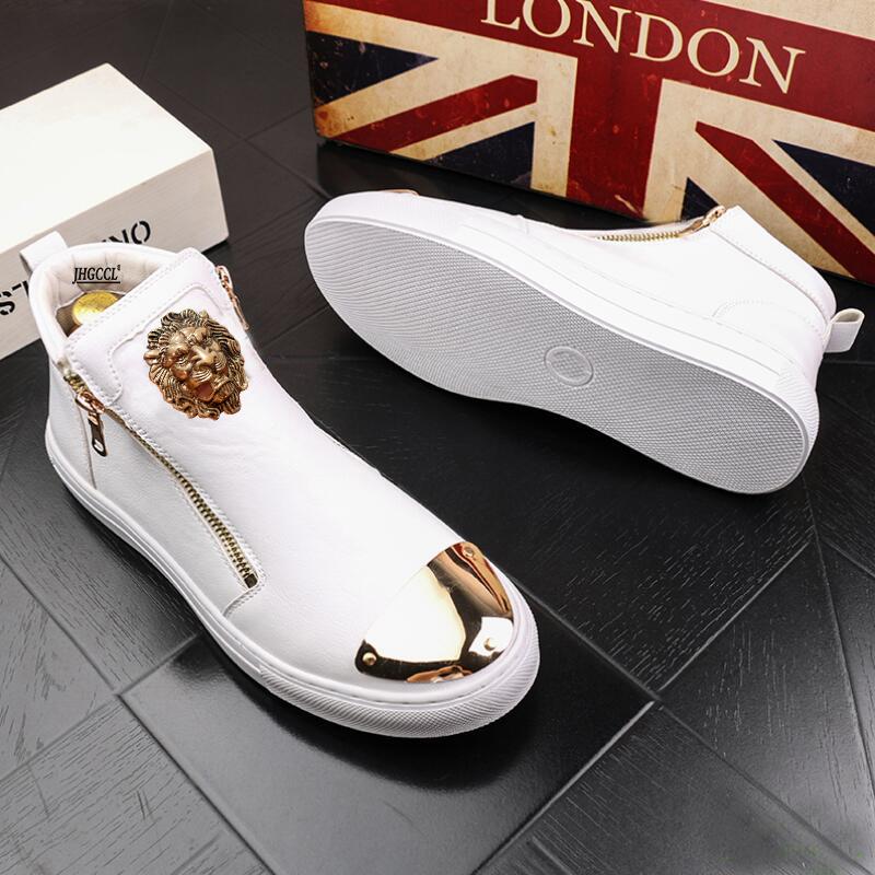 Fashion Gold Leather Men Sneakers Punk Casual Shoes Hip Hop Male High Tops Zip Ankle Boots Flats Zapatos Hombre A4