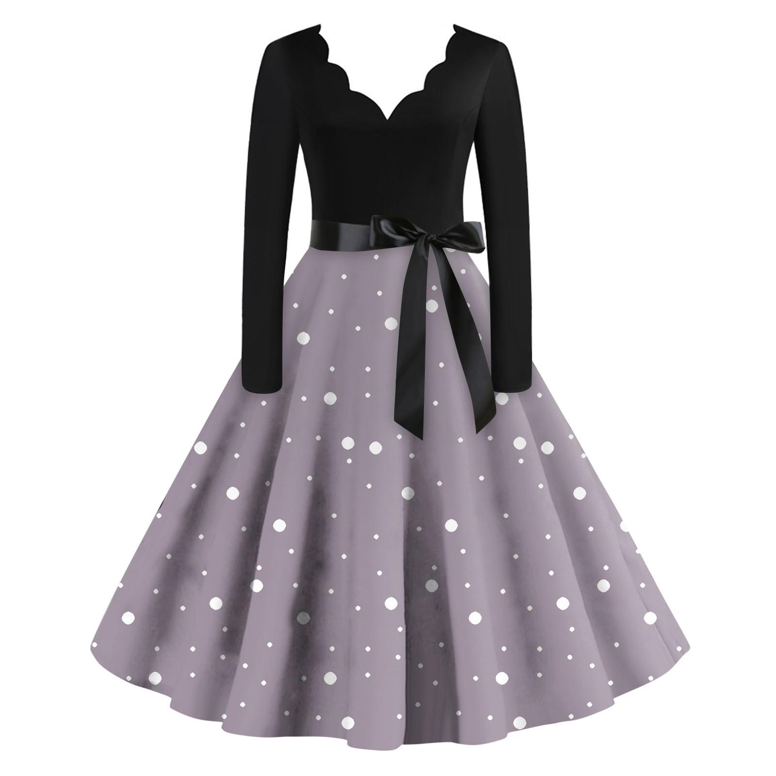 Женское повседневное модное платье с V-образным вырезом и длинными рукавами в стиле ретро — фото 10