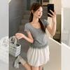 Simple casual white U-neck exposed clavicle pure desire short-sleeved T-shirt women's summer new lace splicing design top