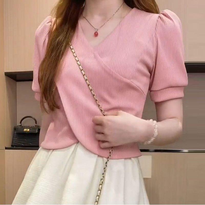 

Женский модный комплект из двух предметов: Топ и юбка с короткими рукавами и V-образным вырезом весна/лето — утягивающий, нежный стиль M (95-105 Jin)