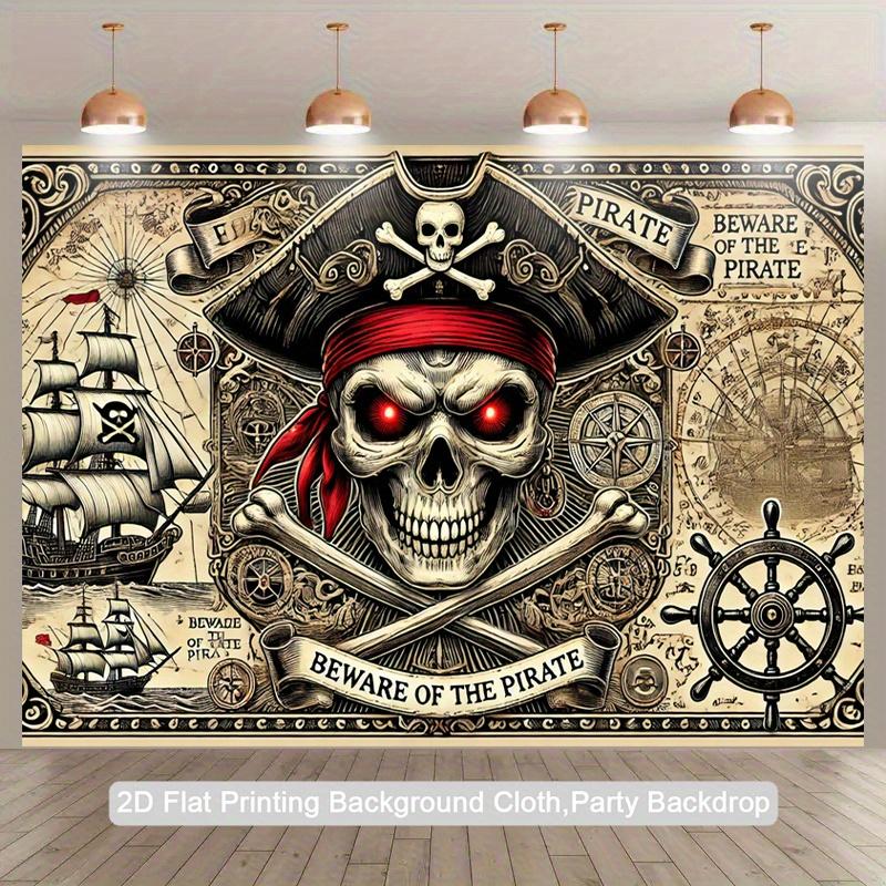 1 Piece Pirate Skull Background Cloth - Retro Black and Red Tone Decoration - "Beware of Pirates" Text