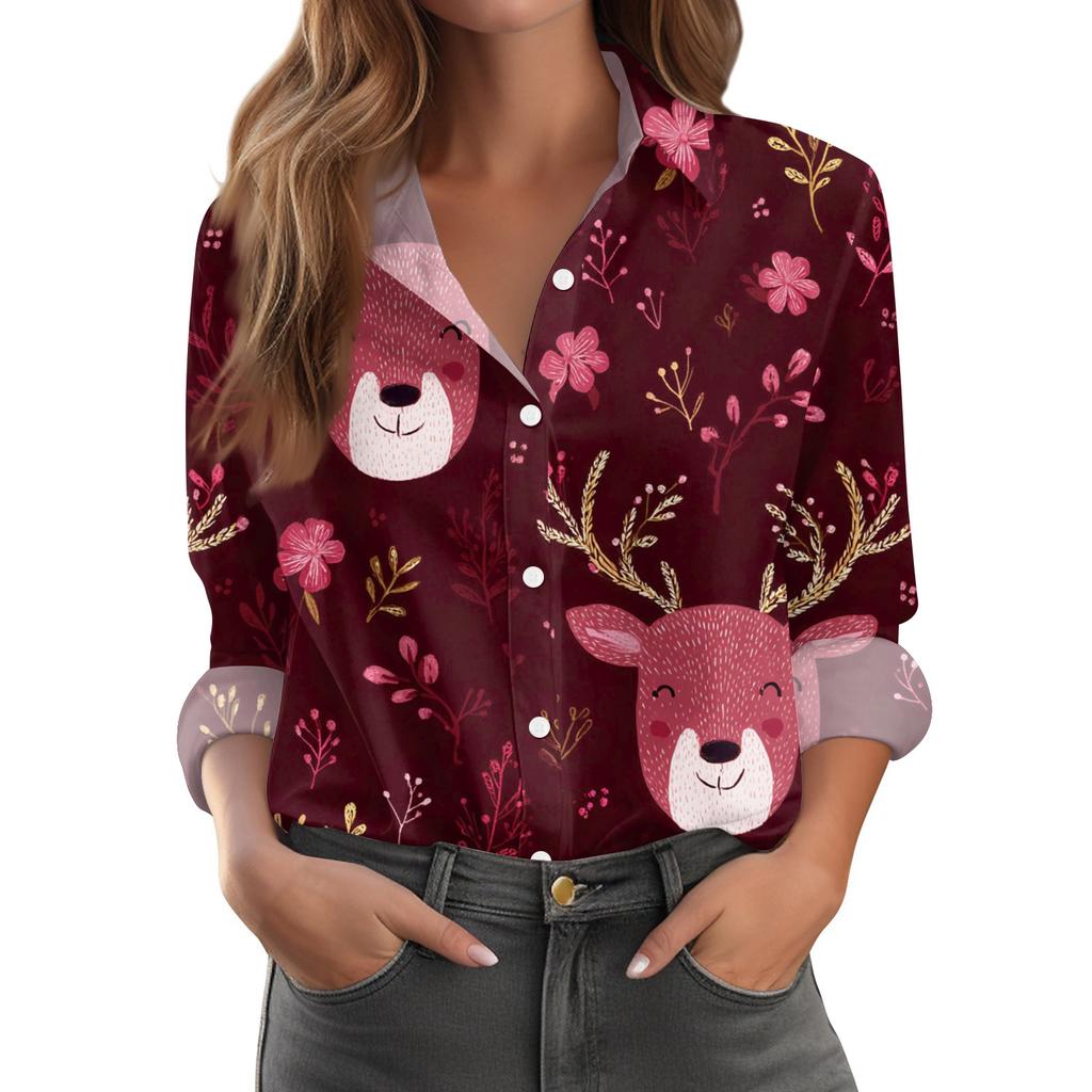 Women's Christmas Print Casual Half-Open Collar Long Sleeve Shirt