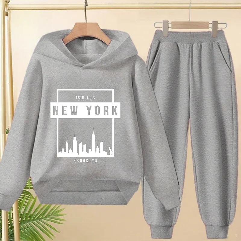 Spring Autumn New York BrookLyn Letter Print 2pcs Hoodie+Pants Tracksuits 3-13 Years Boys Girls Streetwears Children Clothes