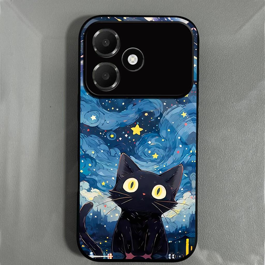 Case for OPPO A6c Anime Black Cat Starry Cloud Print Phone Cover Acrylic Hard Back Shell With Flexible TPU Edge