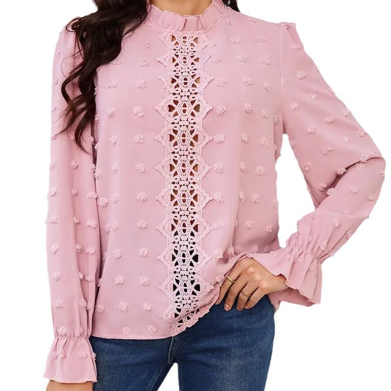 Blouse d'été pour femmes Bordure en dentelle Transparente Volantée Manches lanternes Manches longues Haut