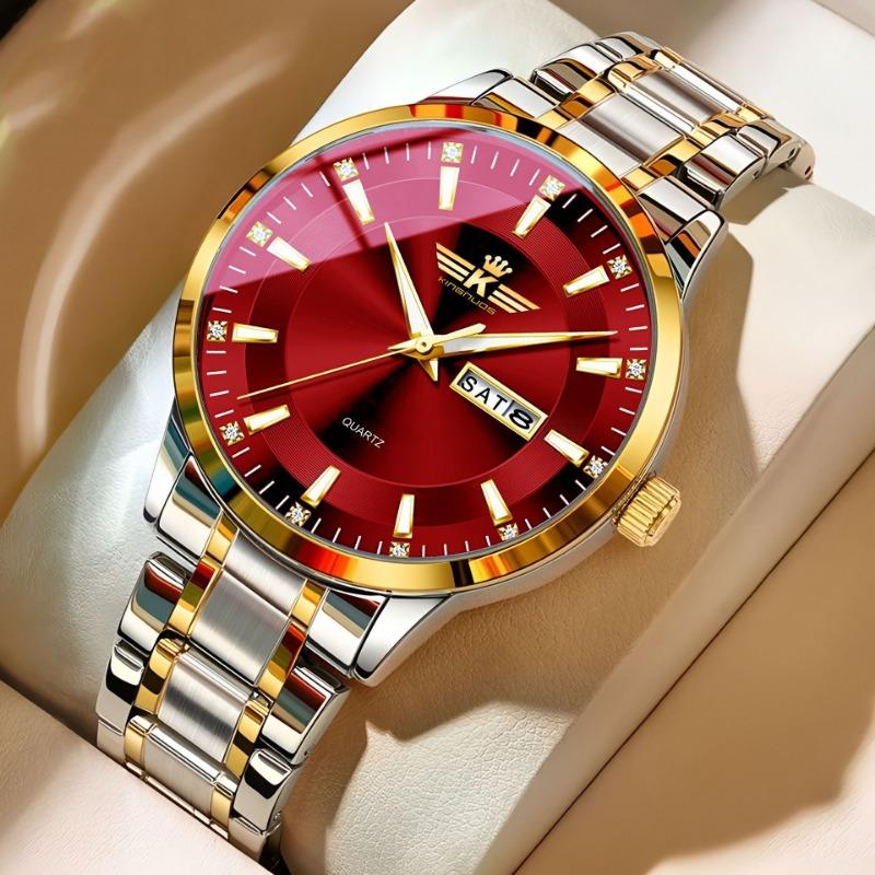 Top Brand New Men's Steel Band Waterproof Quartz Double Calendar Watch Luminous Scale Cross-Business Wristwatch