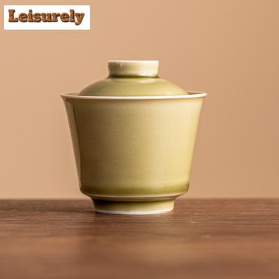 100ml Ästhetischer Yaozhou Ofen Seladon Gaiwan Retro Teestaub Grün Ercai Teezureen Teebereiter Deckel Schale Trinkgeschirr Ornamente Geschenke