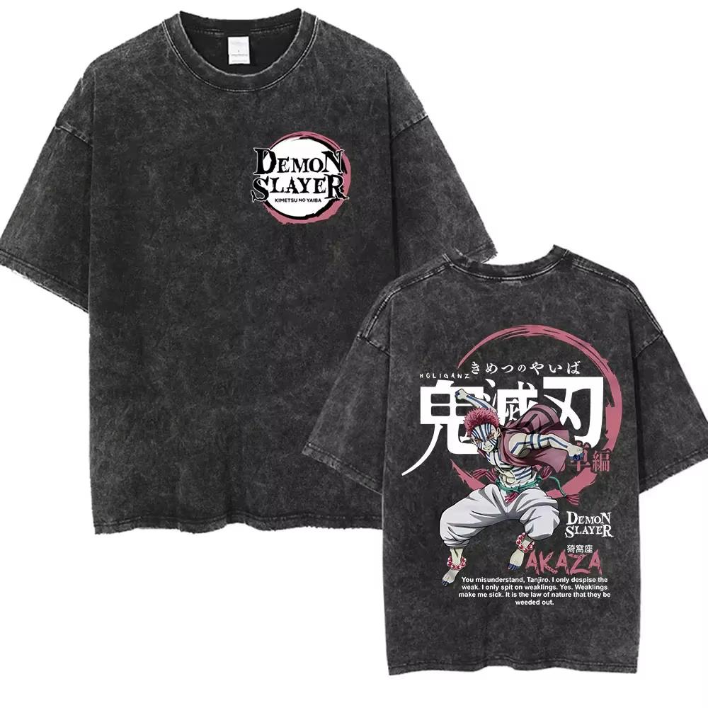 

New Japanese Anime Demon Slayer Akaza Quality TShirt Men and Women Cotton Vintage Washed Print Retro Streetwear Sports Top L