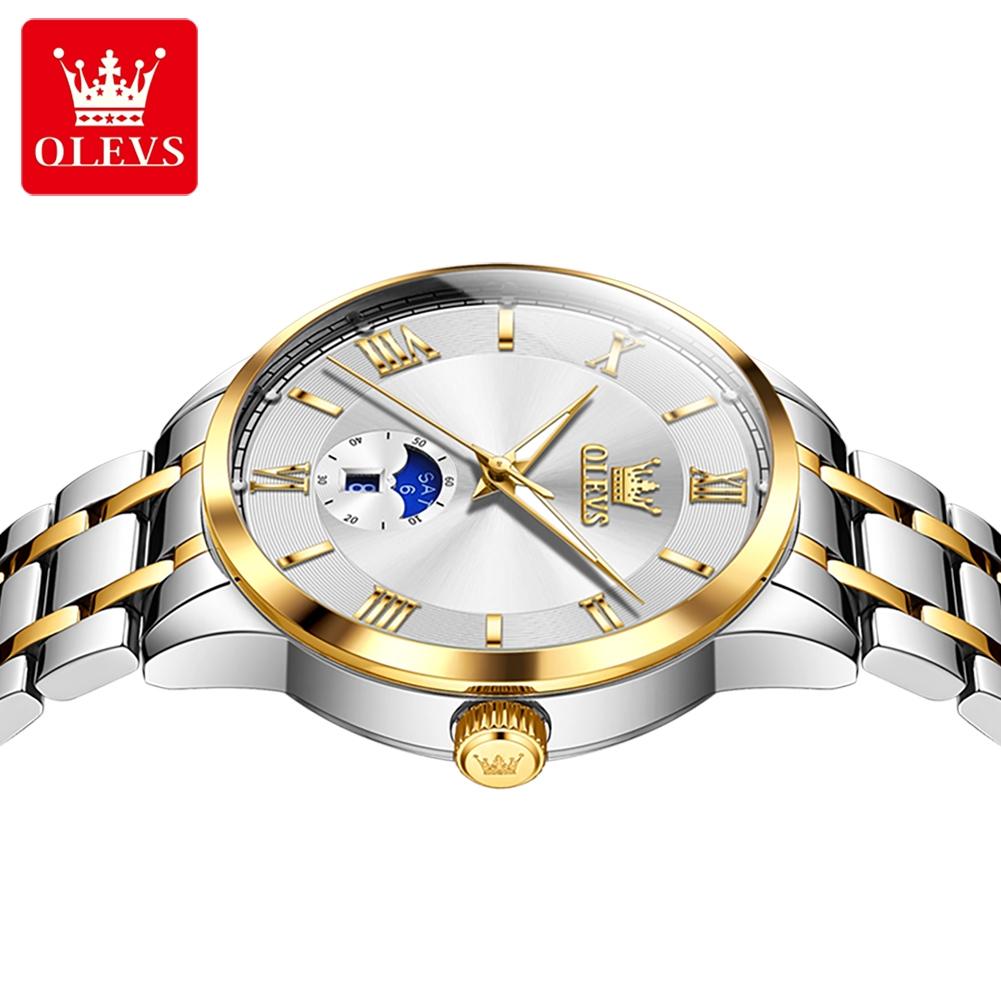 OLEVS Luxury Man Watch Solid Steel Strap Moon Phase Quartz Watch for Men Roman Dial Trendy Simple Waterproof Men's Watches 3638