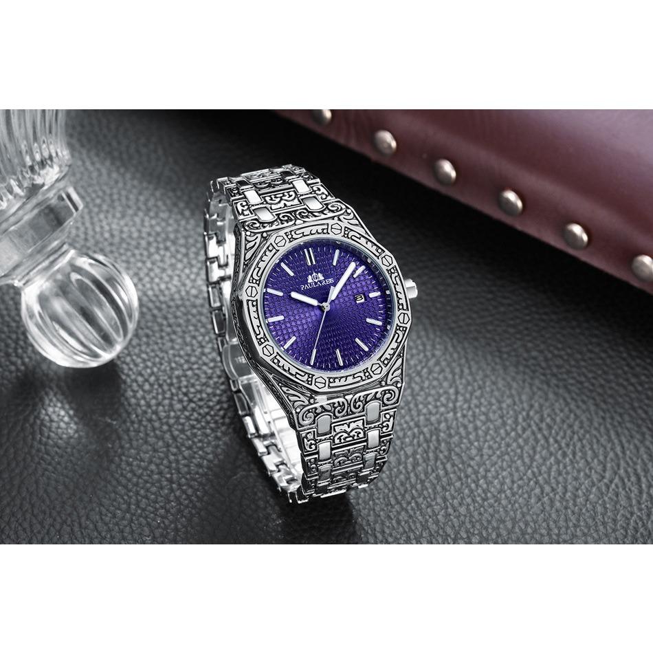 Paulareis Quartz Carved Oak Calendar Men's Luminous Watch