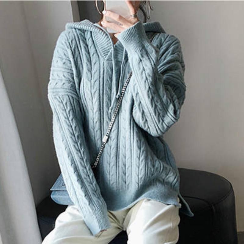 

Pofulove осень зима однотонный свободный корейский свитер с капюшоном и V-образным вырезом женская базовая рубашка S синий