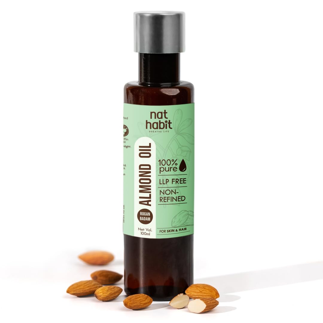 Nat Habit 100% Чистое Миндальное Масло Для Кожи и Волос, Холодного Отжима, Нерафинированное, Богатое Витамином E Для Естественного Сияния и Блеска - 100 мл