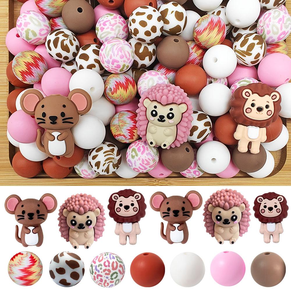25/55PCS Mouse Hedgehog Lion Silicone Bead Set, perfect for DIY handmade crafts such as keychains, necklaces, bracelets, etc