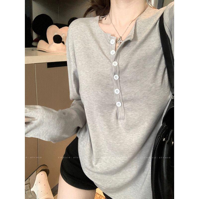 Kumikumi Idle Style Design Single-Breasted Long sleeves Shirt Women Early Autumn Loose All-Match Solid Slimming Top