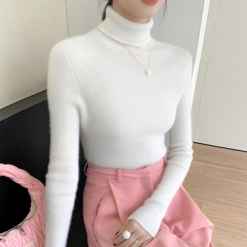 Women's Slim Fit Wool & Cashmere High Neck Sweater - Seamless, Solid Color for Autumn/Winter.