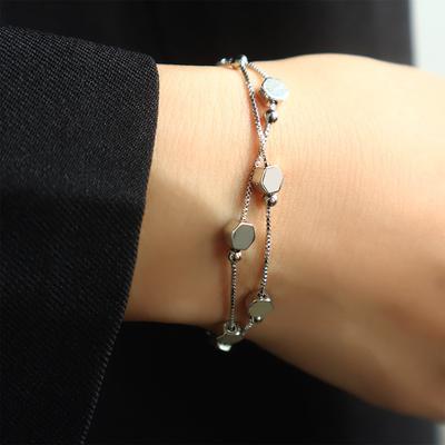 Kaltes Pendeln im einfachen, glänzenden, runden Perlen-Rhombus-Sterlingsilber S925-Silberarmband, gestapeltes geometrisches, doppelschichtiges polygonales Armband