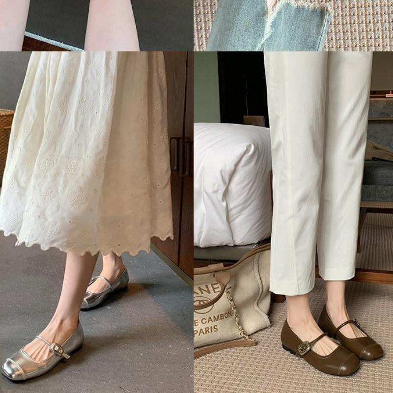 ~ Round head light mouth silver small leather shoes flat bottom inner height increase soft sole Mary Jane single shoes women