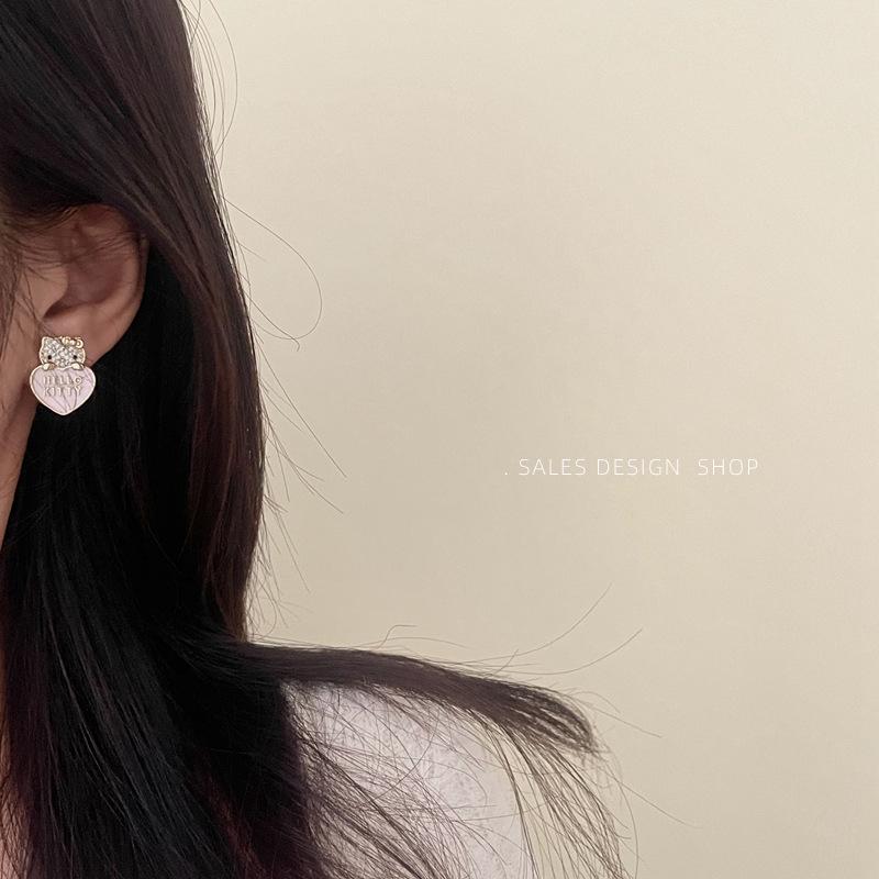 

Korean Style Rhinestone Cat Heart Necklace & Earrings Set - Elegant, Versatile Fashion Accessories for Women.