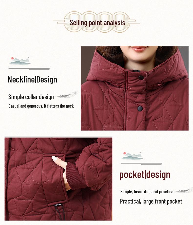 Geacă de bumbac cu glugă pentru femei, lungime medie (Plus Size) - Iarnă 2024 Casual, Cald, Croială Largă pentru Mame de Vârstă Mijlocie
