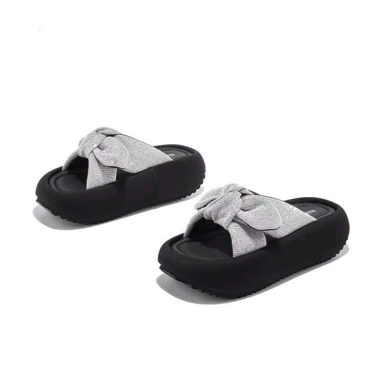 Bow Rhinestone Thick-bottomed One-word Slippers for Women To Wear 2025 New Fashionable Versatile Beach Slippers
