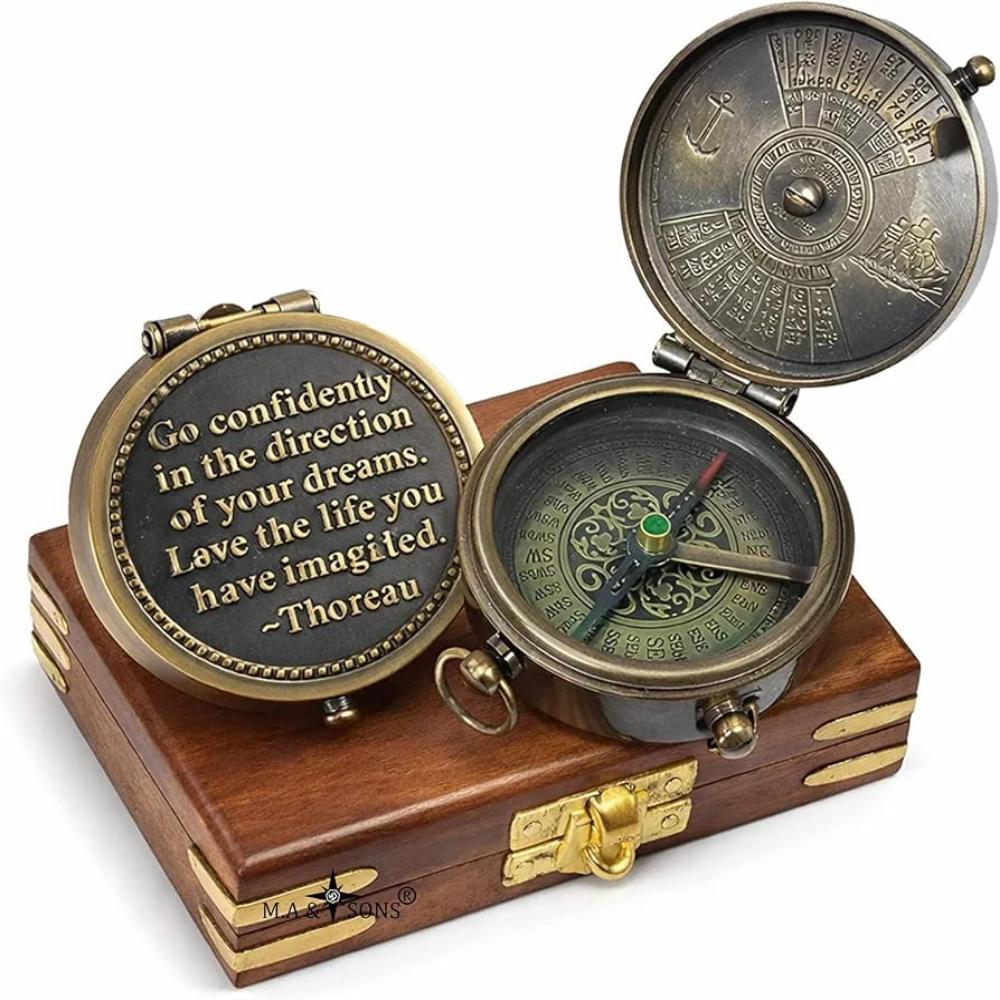 2 Inch Antique Brass Compass with Wooden Box – Vintage Nautical Compass for Camping Hiking Navigation Gift Standard1