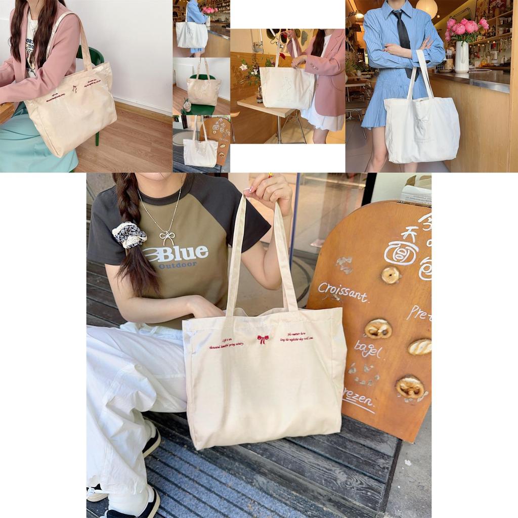 Elegant Pearl Beige Bow Tote Bag Lovely Embroidered Canvas School Bag For Girls