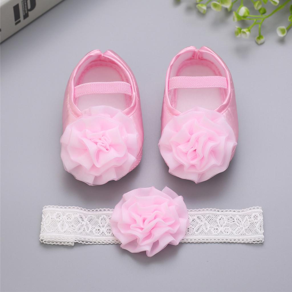 Newborn Baby Girls 1PC Hair Belt + Flowers Applique Soft Sole Single Shoes