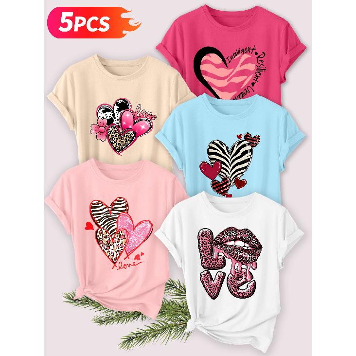 Five-piece set Elegant short-sleeved shirt for women Leopard print heart print round neck women's casual sportswear T Shirt Suitable for spring and
