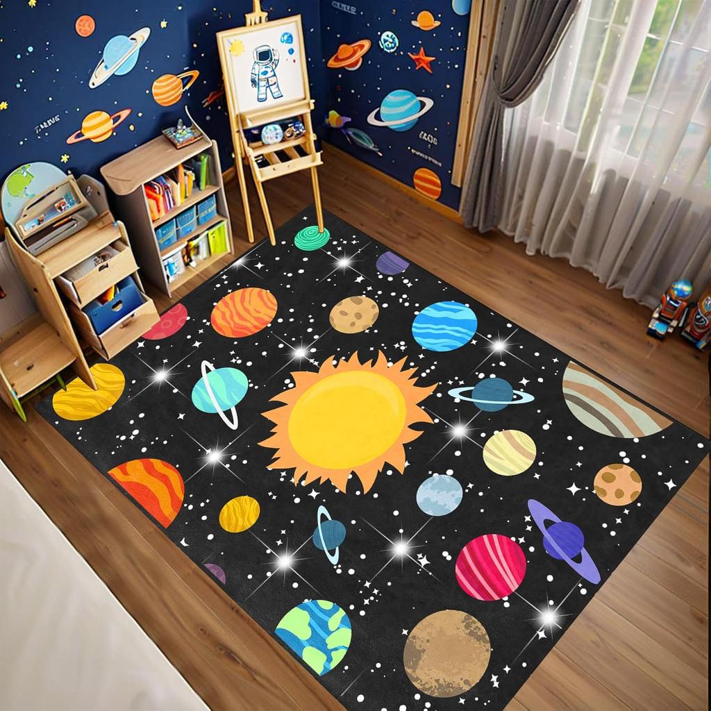 Cartoon Solar System Rug for Kids Bedroom, Space Galaxy Planet Carpet, Educational Outer Space Theme Play Mat for Boys Girls