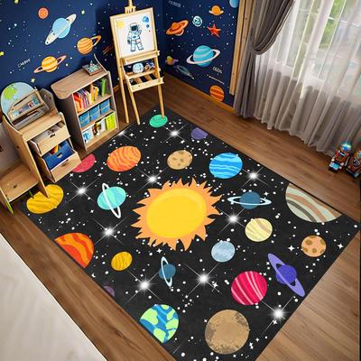 Cartoon Solar System Rug for Kids Bedroom, Space Galaxy Planet Carpet, Educational Outer Space Theme Play Mat for Boys Girls