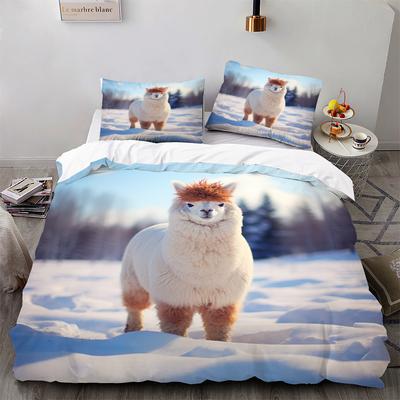 Niedliches Alpaka Realistischer Druck Bett Drei-Teile-Set, Bettwäsche, Digitaldruck Bettwäsche